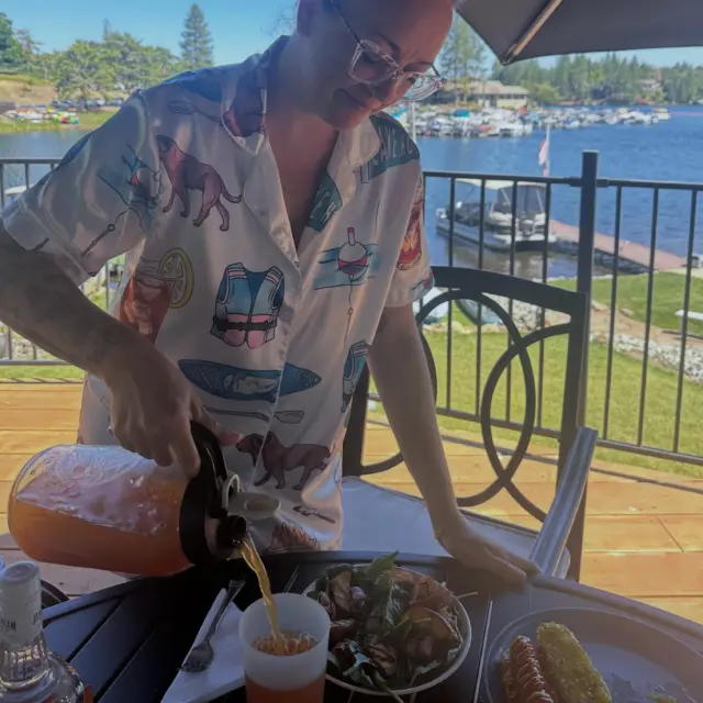 Happy Summer Y’all!!! 

Celebrating this time of the year with dear friends, lake side hotty doggies, grilled peach salad and Moscow Mule Arnold Palmer Punch 

In a large vessel, add 
  2 cups hot water
  6 black tea bags 
Steep for 10 minutes 
Remove & discard tea bags

Add 
1 cup lemon juice 
1 cup simple syrup or agave 
 (I used strawberry agave 
  5 strawberries + 1/4 cup water + 3/4 cup agave
  blended & strained) 
1-2 cups alcohol
 (I used a gifted bottle of pineapple flavored whiskey
  that I wouldn’t have drank any other way)
1-2 cups ginger beer
1 cup sparkling water 

Fill vessel with ice
Stir a few times 
Serve!